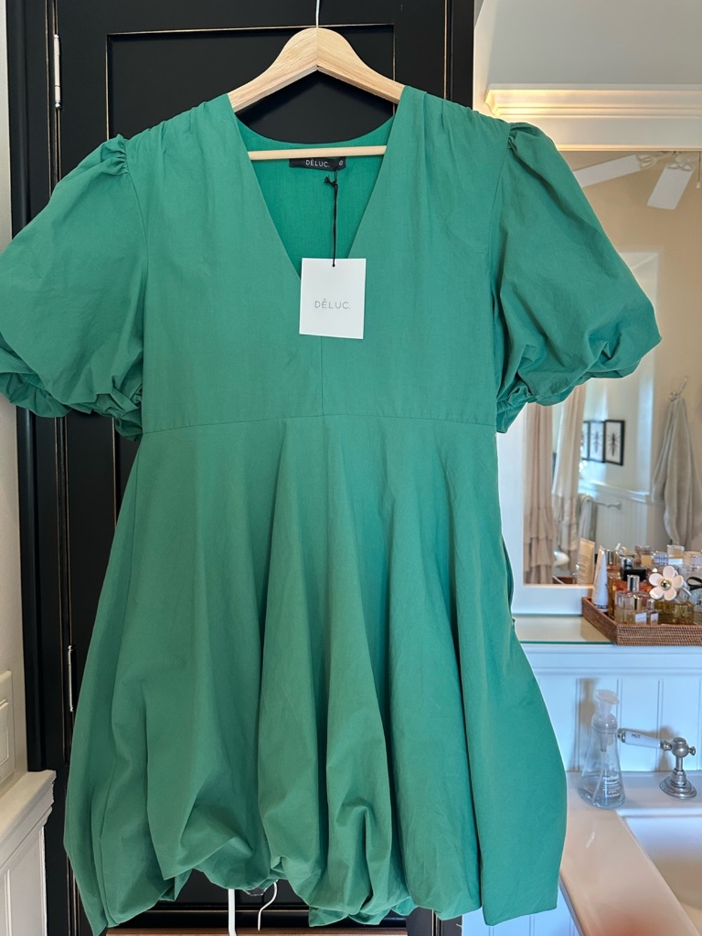 Deluc Emerald Puff-Sleeve V-Neck Mini bubble dress